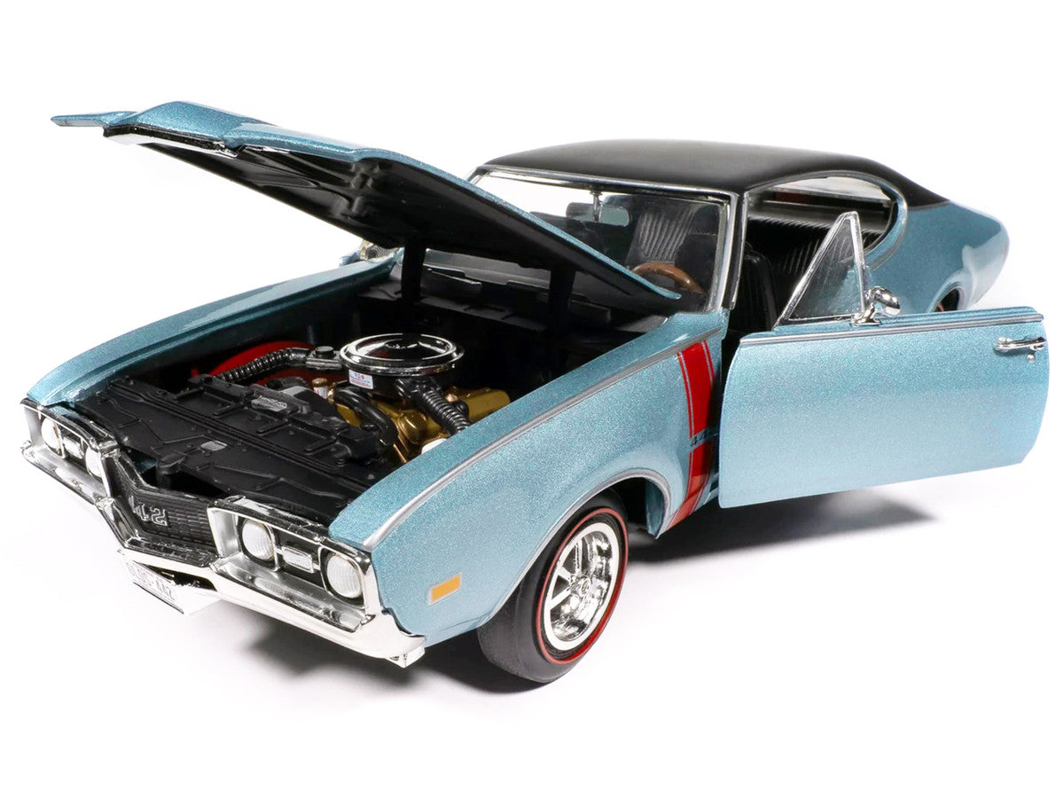 1968 Oldsmobile 442 W30 Holiday Coupe Teal Frost Metallic with Red Stripes and Black Vinyl Top "Hemmings Motor News July 2023 Cover Car" "American Muscle" Series 1/18 Diecast Model Car by Auto World by Autoworld