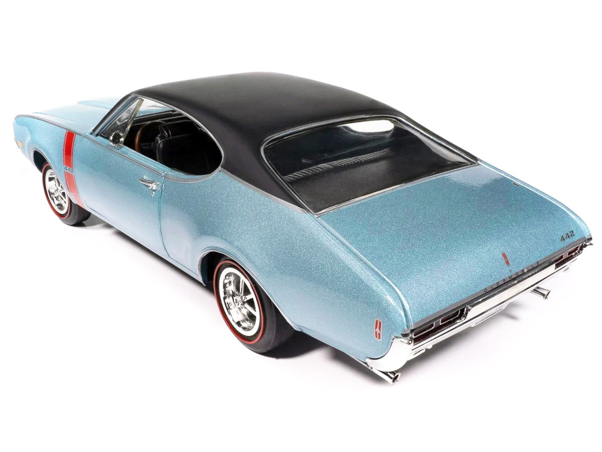 1968 Oldsmobile 442 W30 Holiday Coupe Teal Frost Metallic with Red Stripes and Black Vinyl Top "Hemmings Motor News July 2023 Cover Car" "American Muscle" Series 1/18 Diecast Model Car by Auto World by Autoworld