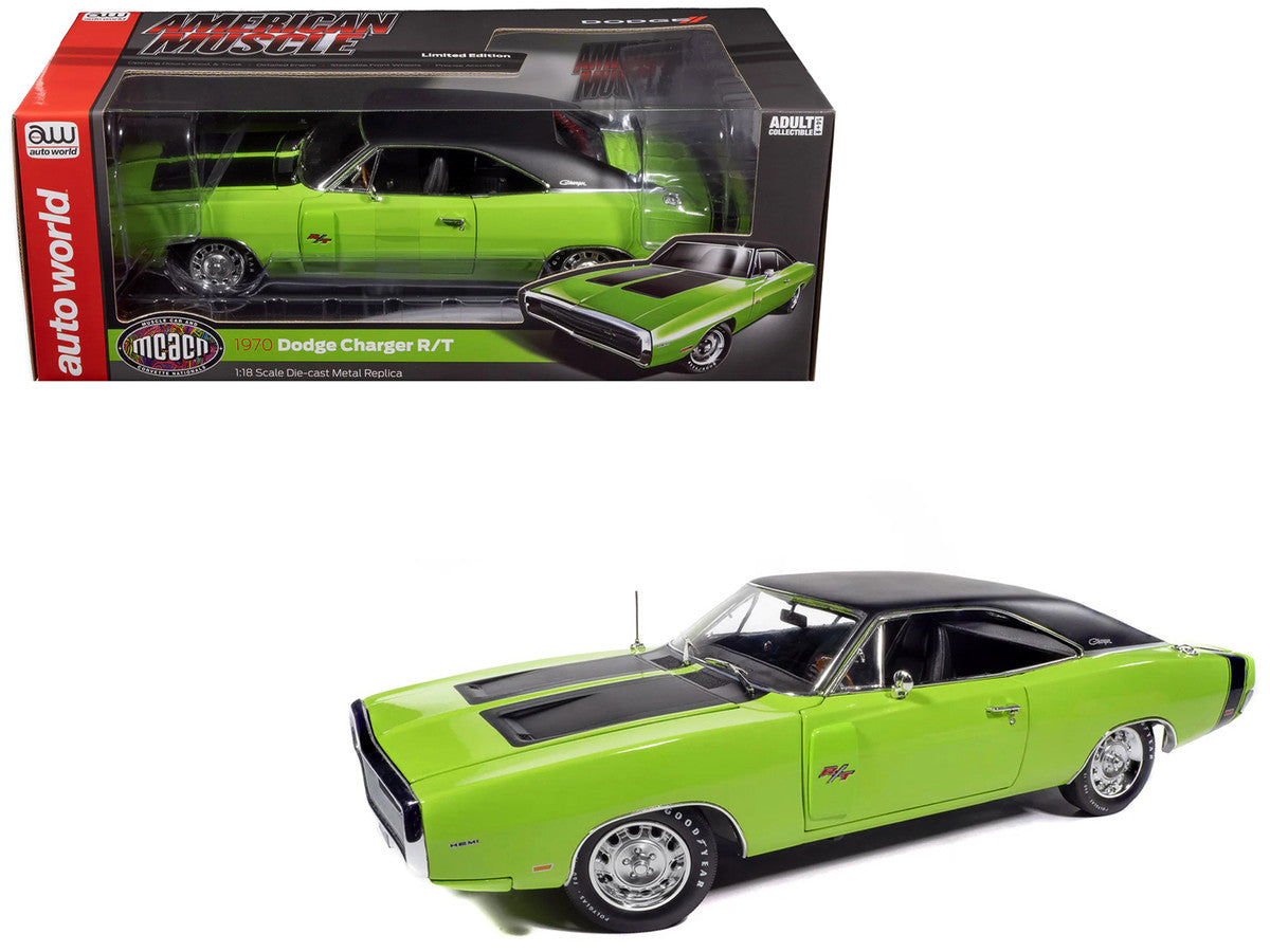 1970 Dodge Charger R/T "Muscle Car & Corvette Nationals" (MCACN) Sublime Green with Black Stripes and Black Vinyl Top "American Muscle" Series 1/18 Diecast Model Car by Auto World by Autoworld