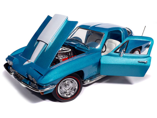 1967 Chevrolet Corvette Stingray Light Blue Metallic with White Hood Stripe "American Muscle" Series 1/18 Diecast Model Car by Auto World by Autoworld