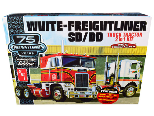 Skill 3 Model Kit White Freightliner SD/DD Truck Tractor 2-in-1 Kit with Display Base "75th Freightliner Anniversary" Commemorative Edition 1/25 Scale Model by AMT by AMT