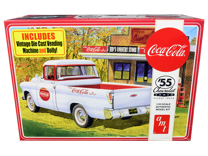 Skill 3 Model Kit 1955 Chevrolet Cameo Pickup Truck "Coca-Cola" with Vintage Vending Machine and Dolly 1/25 Scale Model by AMT by AMT