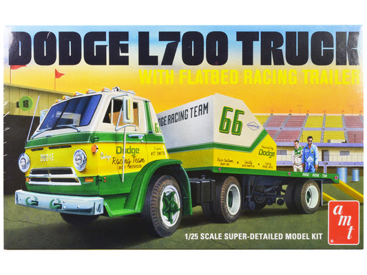 Skill 3 Model Kit 1966 Dodge L700 Truck with Flatbed Racing Trailer 1/25 Scale Model by AMT by AMT