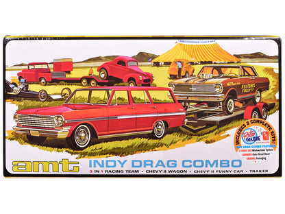 Skill 2 Model Kit Indy Drag Combo Chevrolet II Wagon and Funny Car with Trailer 3 in 1 Set 1/25 Scale Model by AMT by AMT