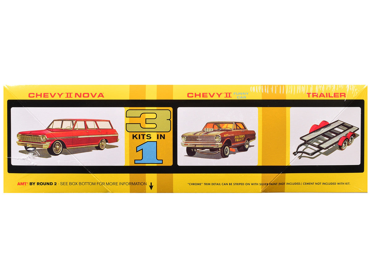 Skill 2 Model Kit Indy Drag Combo Chevrolet II Wagon and Funny Car with Trailer 3 in 1 Set 1/25 Scale Model by AMT by AMT