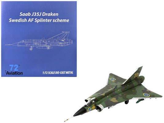 Saab J35J Draken Fighter Aircraft "Splinter Camouflage Scheme F 18 Sodertorn Wing" (1972) Swedish Air Force 1/72 Diecast Model Airplane by Aviation 72 by Aviation 72