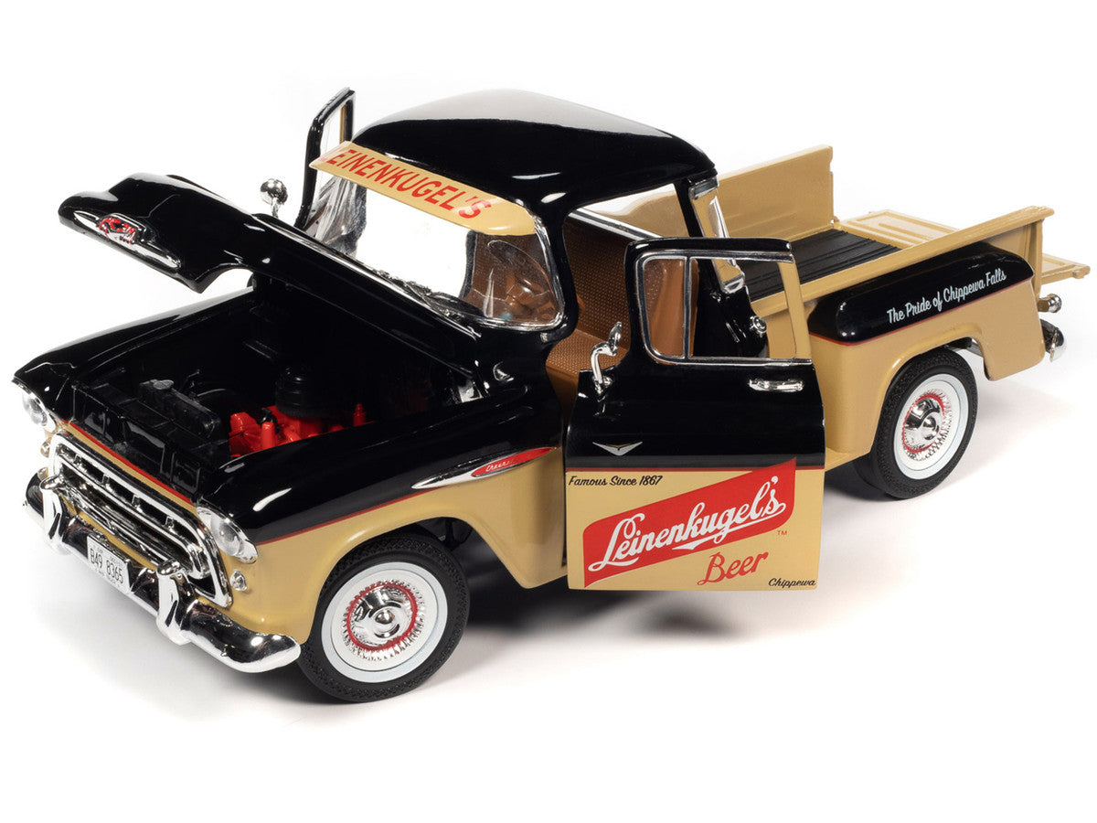 1957 Chevrolet 3100 Stepside Pickup Truck Black and Tan with Graphics "Leinenkugle's Beer The Pride of Chippewa Falls" 1/18 Diecast Model by Auto World by Autoworld