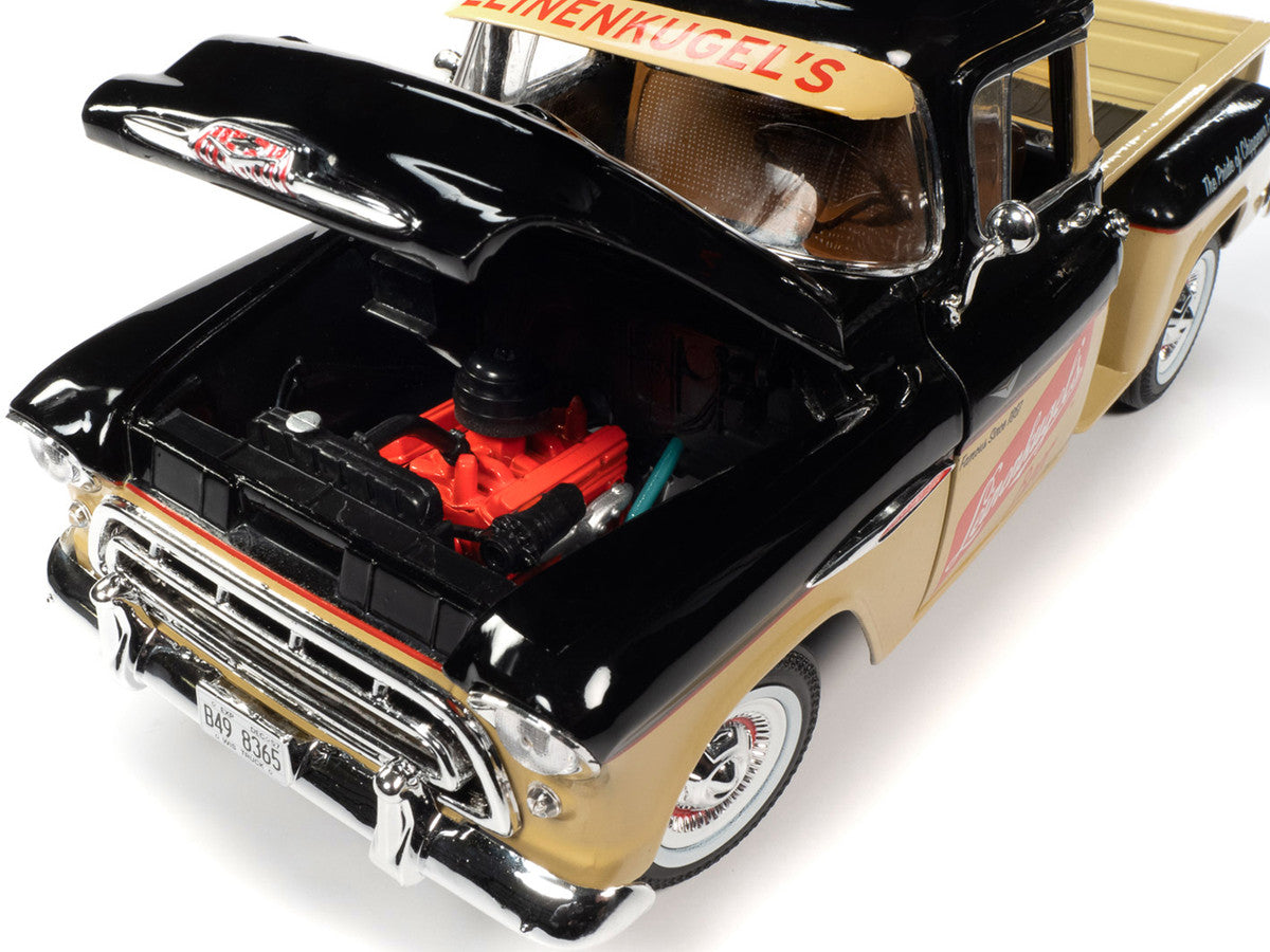 1957 Chevrolet 3100 Stepside Pickup Truck Black and Tan with Graphics "Leinenkugle's Beer The Pride of Chippewa Falls" 1/18 Diecast Model by Auto World by Autoworld