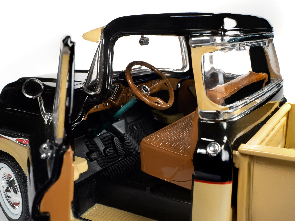 1957 Chevrolet 3100 Stepside Pickup Truck Black and Tan with Graphics "Leinenkugle's Beer The Pride of Chippewa Falls" 1/18 Diecast Model by Auto World by Autoworld