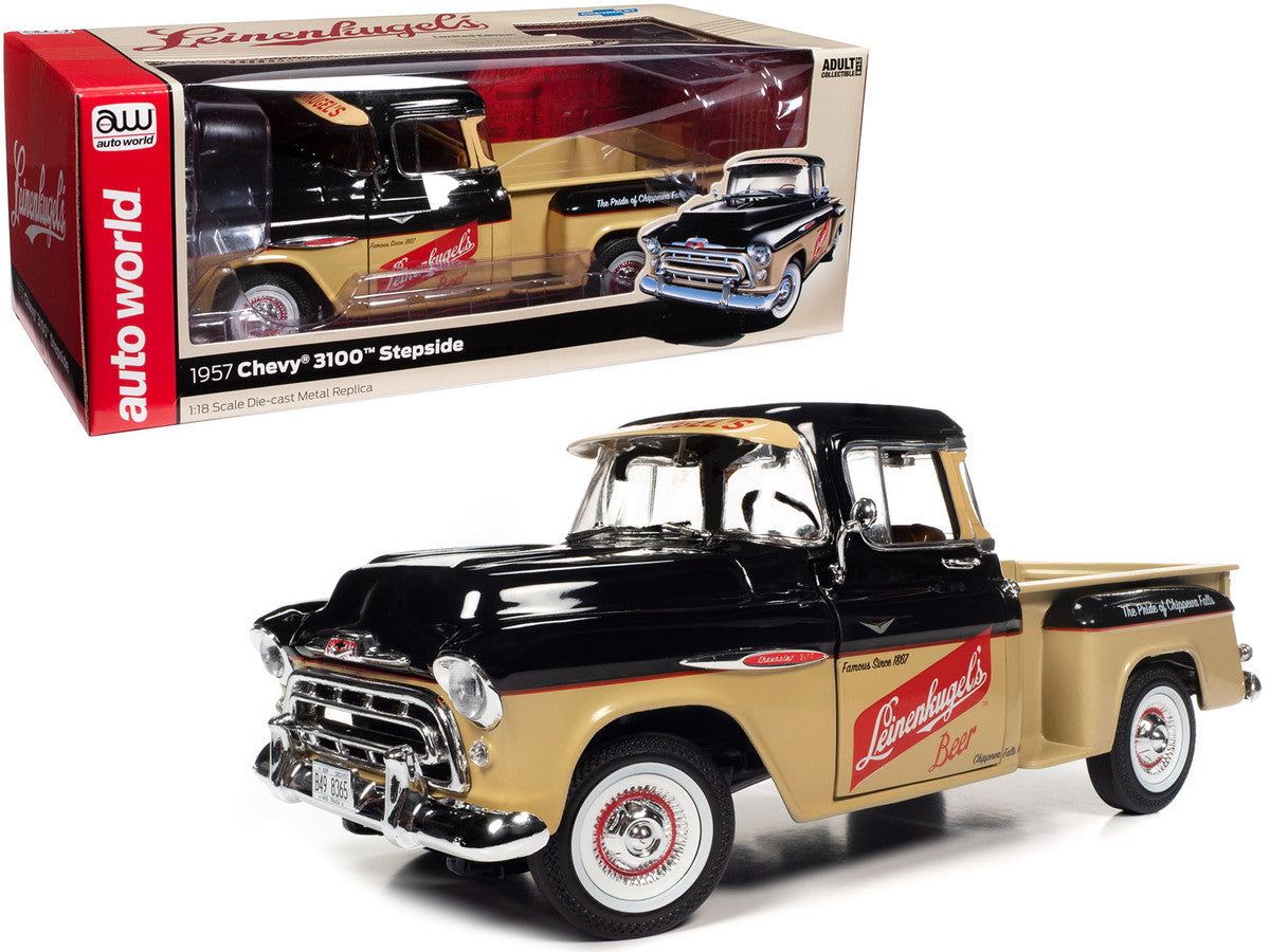 1957 Chevrolet 3100 Stepside Pickup Truck Black and Tan with Graphics "Leinenkugle's Beer The Pride of Chippewa Falls" 1/18 Diecast Model by Auto World by Autoworld