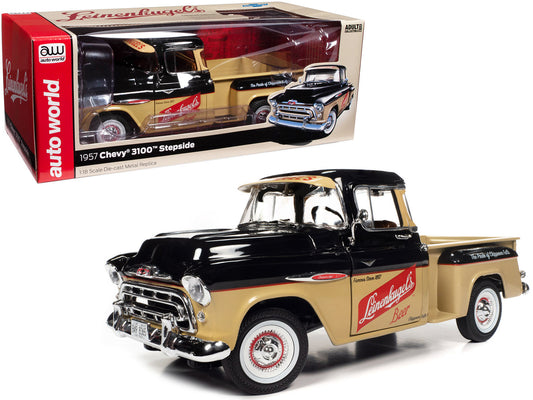 1957 Chevrolet 3100 Stepside Pickup Truck Black and Tan with Graphics "Leinenkugle's Beer The Pride of Chippewa Falls" 1/18 Diecast Model by Auto World by Autoworld