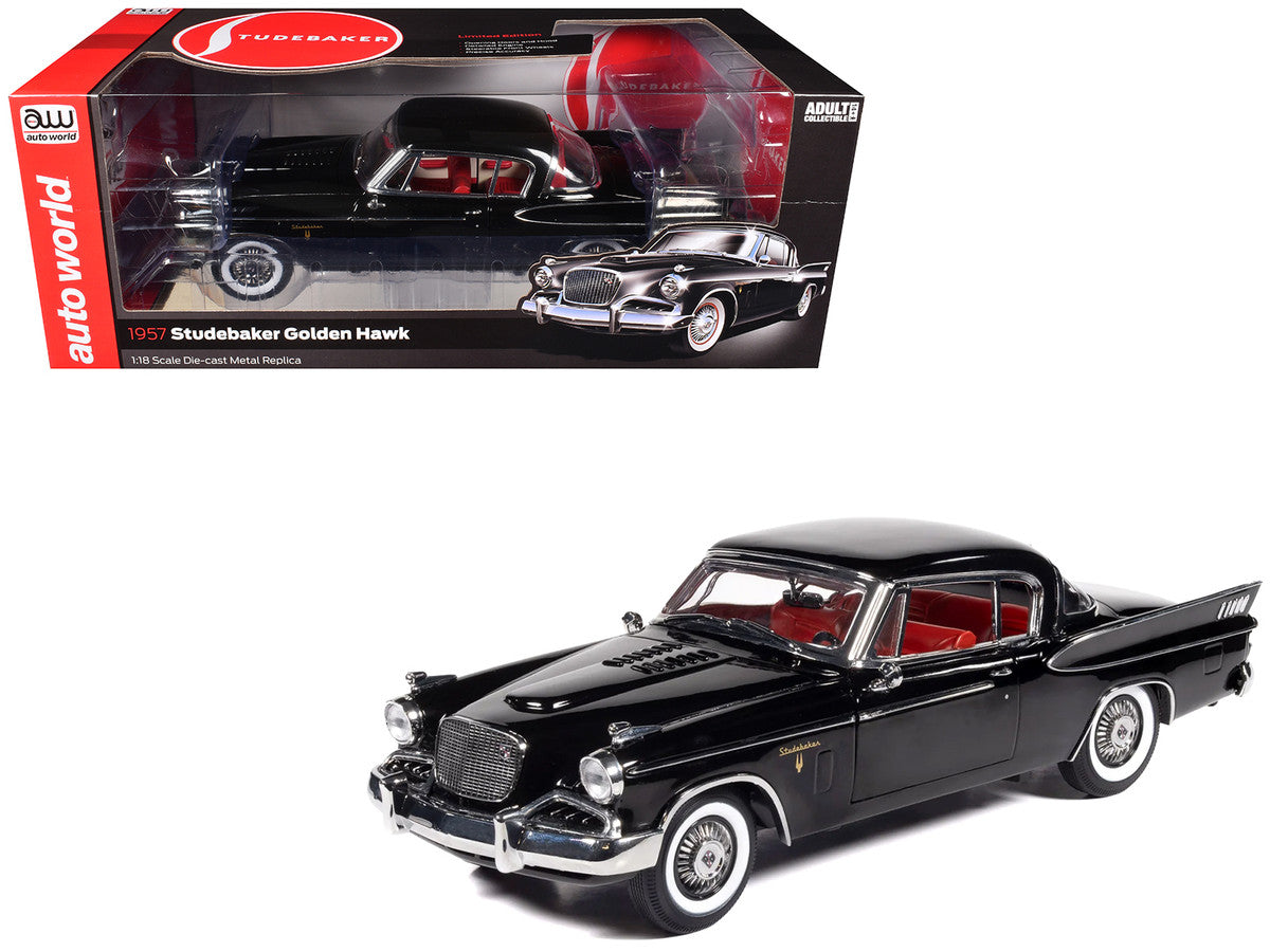 1957 Studebaker Golden Hawk Midnight Black with Red Interior 1/18 Diecast Model by Auto World by Autoworld