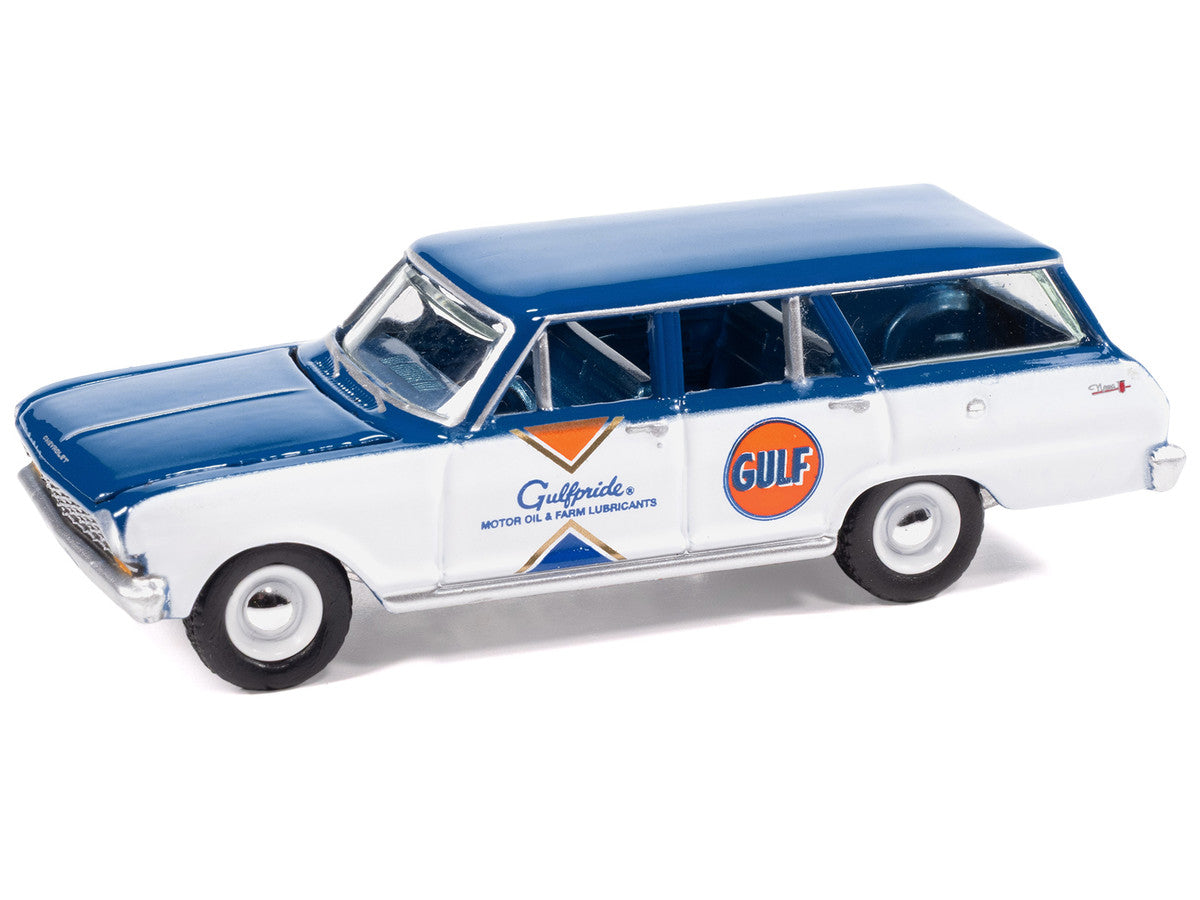 1963 Chevrolet II Nova 400 Wagon "Gulf" Blue and White with Blue Interior "Big Country Collectibles" 2025 Series 1/64 Diecast Model Car by Auto World by Autoworld