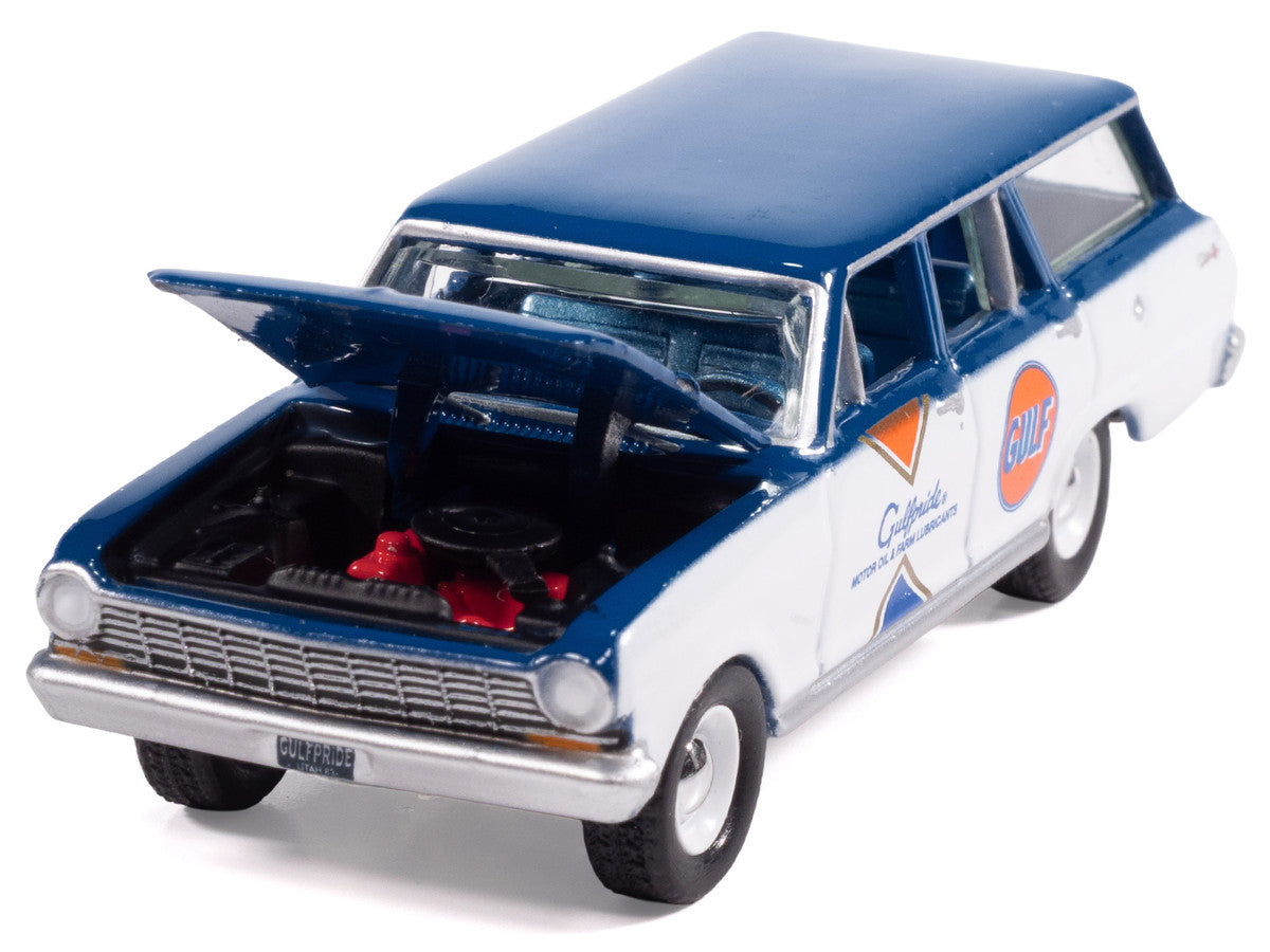 1963 Chevrolet II Nova 400 Wagon "Gulf" Blue and White with Blue Interior "Big Country Collectibles" 2025 Series 1/64 Diecast Model Car by Auto World by Autoworld