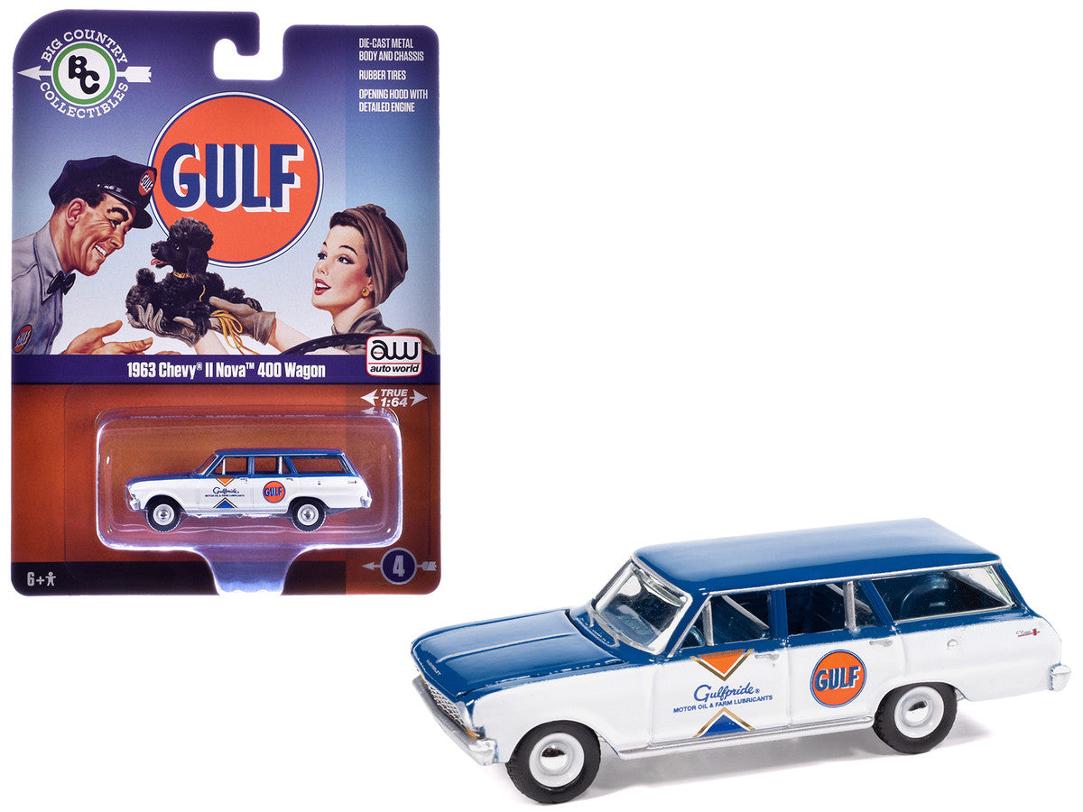 1963 Chevrolet II Nova 400 Wagon "Gulf" Blue and White with Blue Interior "Big Country Collectibles" 2025 Series 1/64 Diecast Model Car by Auto World by Autoworld