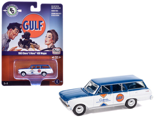 1963 Chevrolet II Nova 400 Wagon "Gulf" Blue and White with Blue Interior "Big Country Collectibles" 2025 Series 1/64 Diecast Model Car by Auto World by Autoworld
