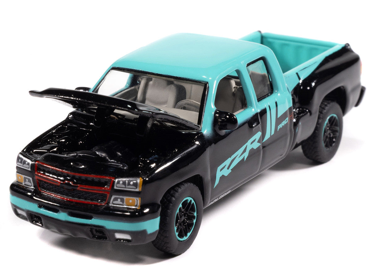 2006 Chevrolet Silverado Pickup Truck "Polaris RZR" Black and Blue "Big Country Collectibles" 2025 Series 1/64 Diecast Model Car by Auto World by Autoworld