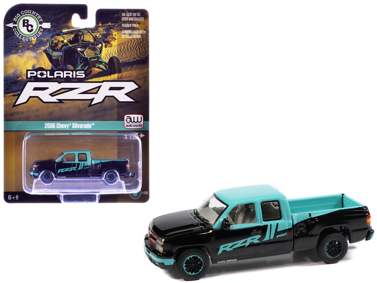 2006 Chevrolet Silverado Pickup Truck "Polaris RZR" Black and Blue "Big Country Collectibles" 2025 Series 1/64 Diecast Model Car by Auto World by Autoworld