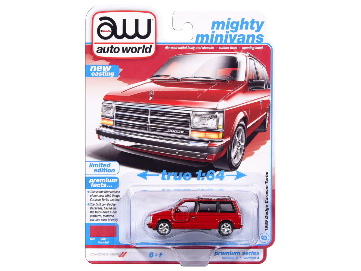 1989 Dodge Caravan Turbo Van Flash Red "Mighty Minivans" Series 1/64 Diecast Model Car by Auto World by Autoworld