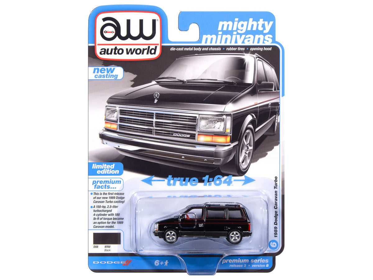 1989 Dodge Caravan Turbo Van Black with Red Stripes and Interior "Mighty Minivans" Series 1/64 Diecast Model Car by Auto World by Autoworld