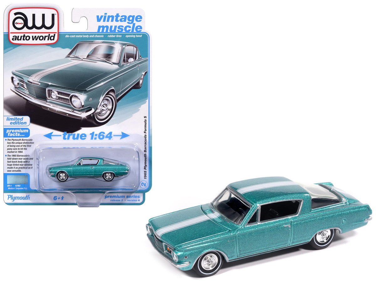 1965 Plymouth Barracuda Formula S Turquoise Metallic with White Stripe "Vintage Muscle" Series 1/64 Diecast Model Car by Auto World by Autoworld