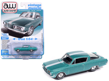 1965 Plymouth Barracuda Formula S Turquoise Metallic with White Stripe "Vintage Muscle" Series 1/64 Diecast Model Car by Auto World by Autoworld