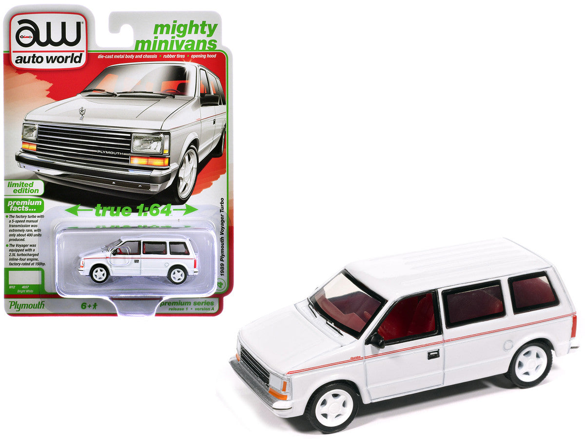 1989 Plymouth Voyager Turbo Van Bright White with Red Stripes and Interior "Mighty Minivans" Series 1/64 Diecast Model Car by Auto World by Autoworld