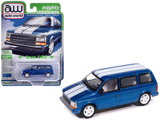 1989 Plymouth Voyager Turbo Van Daytona Blue Metallic with White Stripes and Interior "Mighty Minivans" Series 1/64 Diecast Model Car by Auto World by Autoworld
