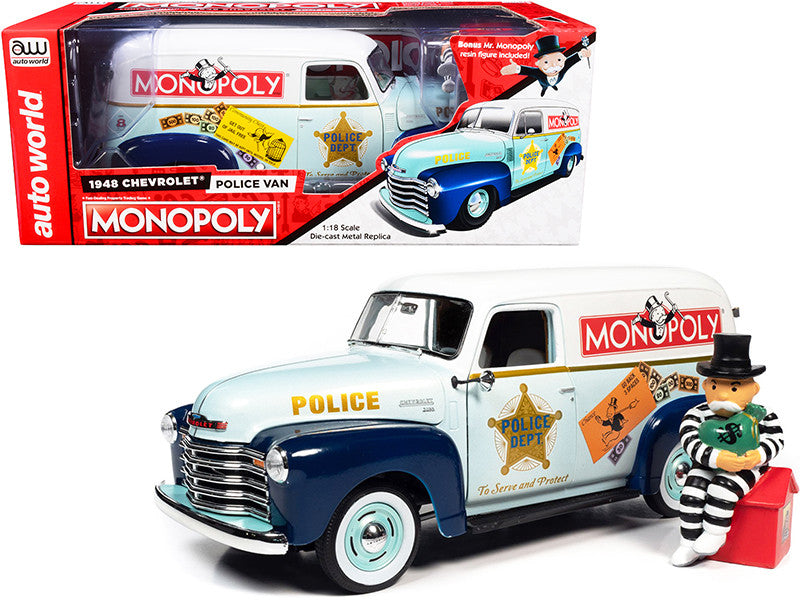 1948 Chevrolet Panel Police Van with Mr. Monopoly Figurine "Monopoly" 1/18 Diecast Model Car by Auto World by Autoworld