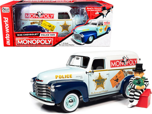 1948 Chevrolet Panel Police Van with Mr. Monopoly Figurine "Monopoly" 1/18 Diecast Model Car by Auto World by Autoworld
