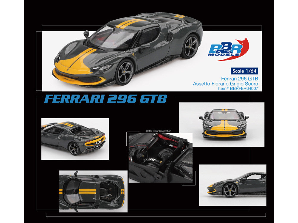 Ferrari 296 GTB Assetto Fiorano Grigio Scuro (Dark Gray) with Yellow Stripes 1/64 Diecast Model Car by BBR by BBR
