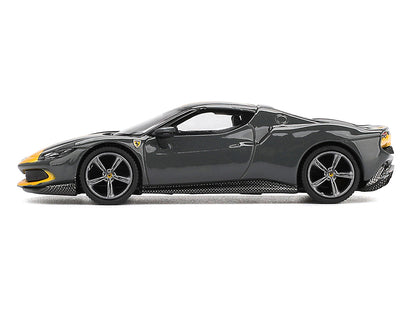 Ferrari 296 GTB Assetto Fiorano Grigio Scuro (Dark Gray) with Yellow Stripes 1/64 Diecast Model Car by BBR by BBR