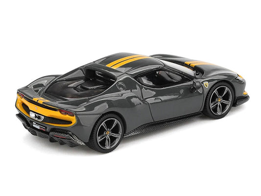 Ferrari 296 GTB Assetto Fiorano Grigio Scuro (Dark Gray) with Yellow Stripes 1/64 Diecast Model Car by BBR by BBR
