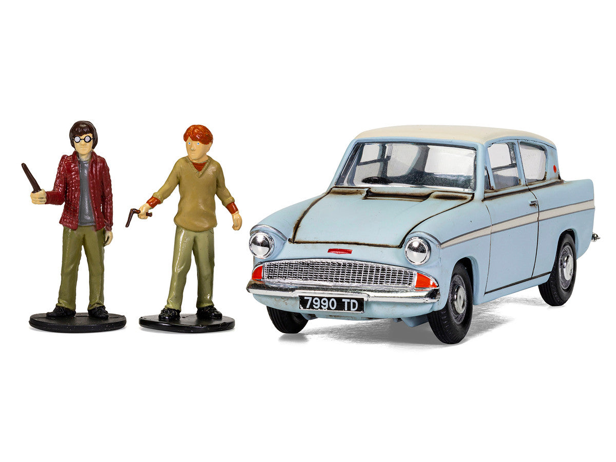 Flying Ford Anglia RHD (Right Hand Drive) Light Blue with White Top (Weathered) with Harry and Ron Figures "Harry Potter" Movie Series Diecast Model by Corgi by Corgi
