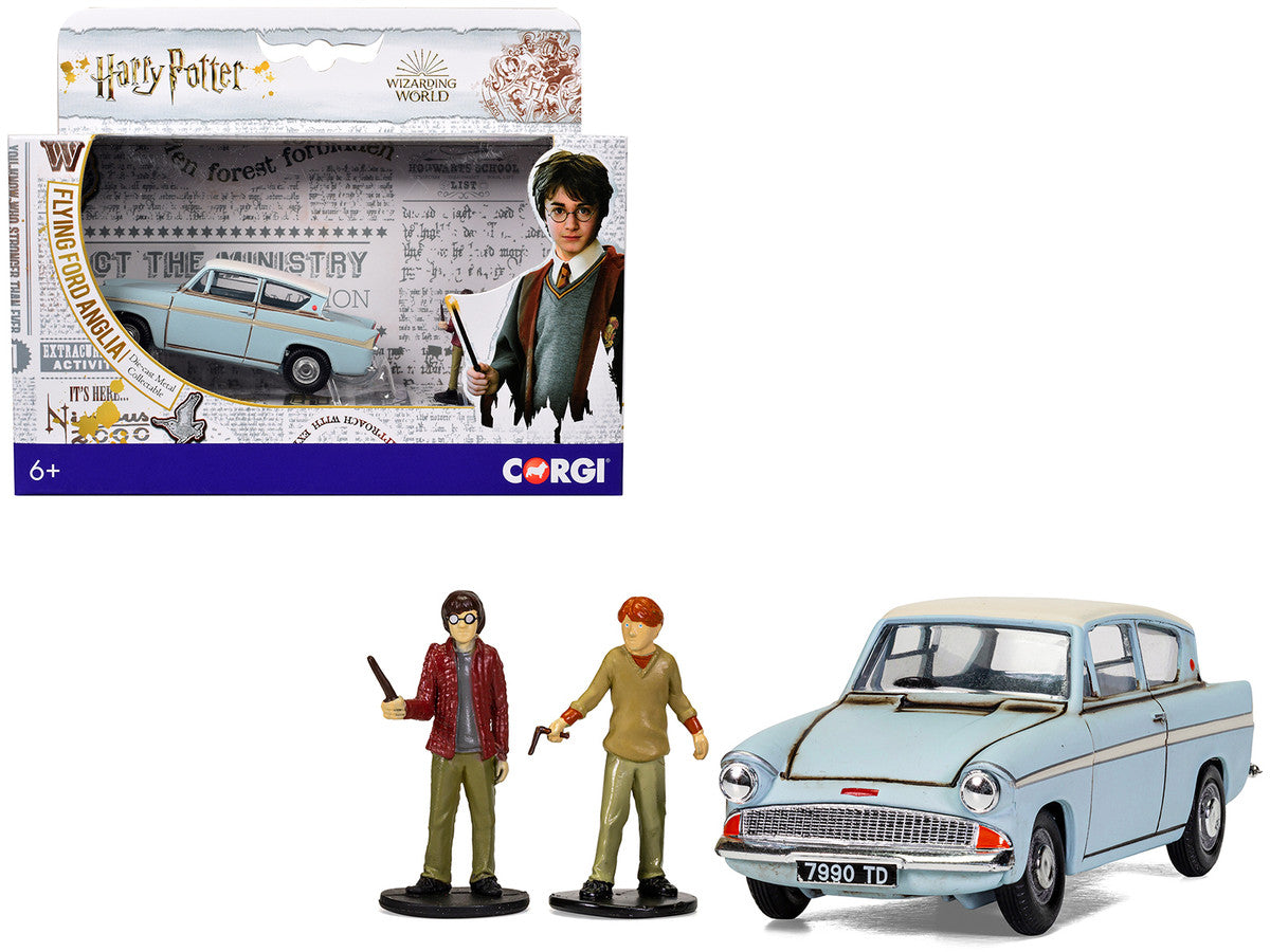 Flying Ford Anglia RHD (Right Hand Drive) Light Blue with White Top (Weathered) with Harry and Ron Figures "Harry Potter" Movie Series Diecast Model by Corgi by Corgi