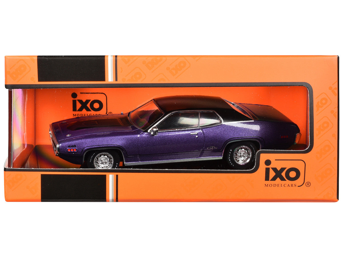 1971 Plymouth GTX Purple Metallic with Black Vinyl Top and Black Hood Stripe 1/43 Diecast Model Car by IXO Models-2