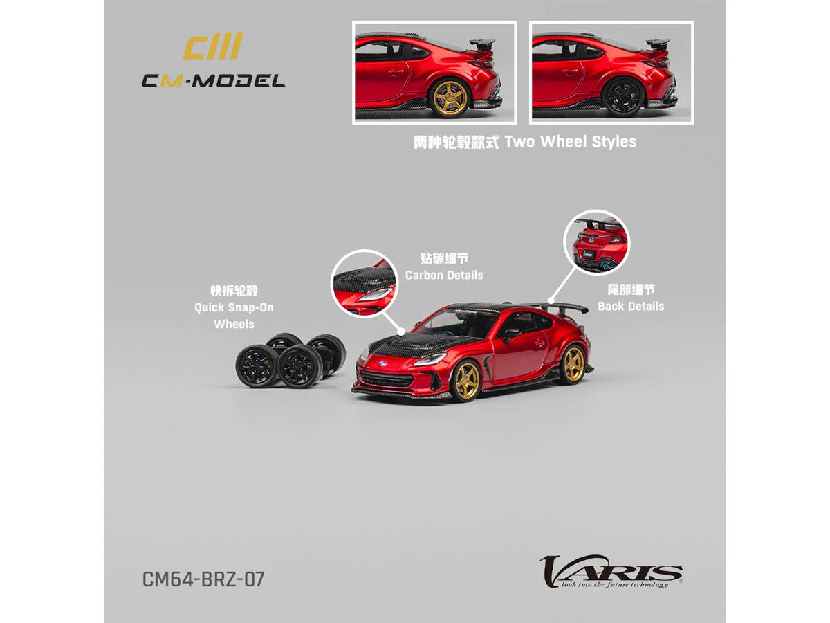 Subaru BRZ Varis Arising-1 RHD (Right Hand Drive) Red Metallic with Carbon Hood and Top and Extra Wheels 1/64 Diecast Model Car by CM Model by CM Models