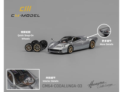 Pagani Huayra Codalunga Silver Metallic with Sunroof and Extra Wheels 1/64 Diecast Model Car by CM Model by CM Models