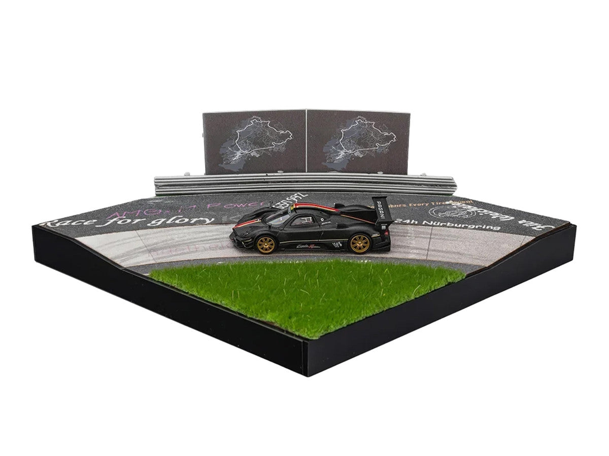 Nurburgring Diorama Set with Pagani Zonda Revolucion Carbon with Red and Gold Stripes and Extra Wheels 1/64 Diecast Model Car by CM Model-3