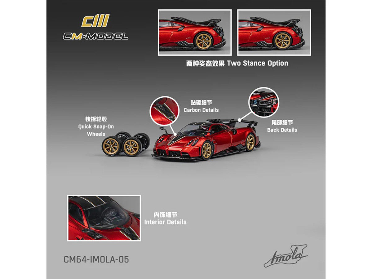 Pagani Imola Red Metallic with Carbon Top and Stripes with Extra Wheels 1/64 Diecast Model Car by CM Model by CM Models