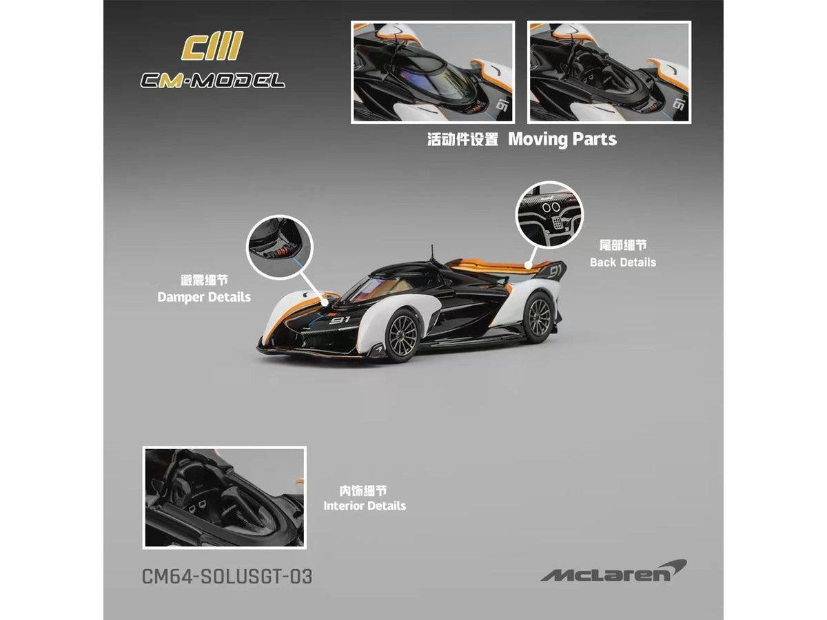 McLaren Solus GT #91 Black and White with Orange Accents 1/64 Diecast Model Car by CM Model-1