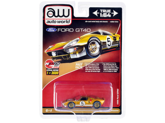 1966 Ford GT40 RHD (Right Hand Drive) #5 Gold with Graphics Limited Edition to 3600 pieces Worldwide 1/64 Diecast Model Car by Auto World by Autoworld