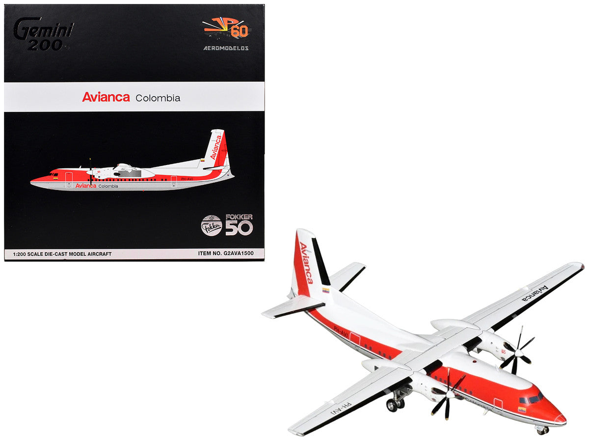 Fokker F50 Commercial Aircraft "Avianca Colombia" (PH-AVJ) White with Red Stripes "Gemini 200" Series 1/200 Diecast Model Airplane by GeminiJets by GeminiJets