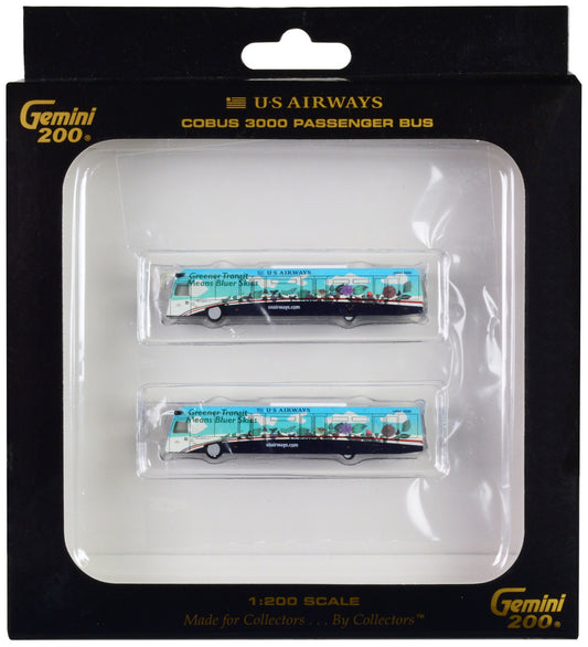 Cobus 3000 Passenger Bus White and Blue with Graphics "US Airways Shuttle Bus - Greener Transit" 2 Piece Set "Gemini 200" Series Diecast Models by GeminiJets by GeminiJets