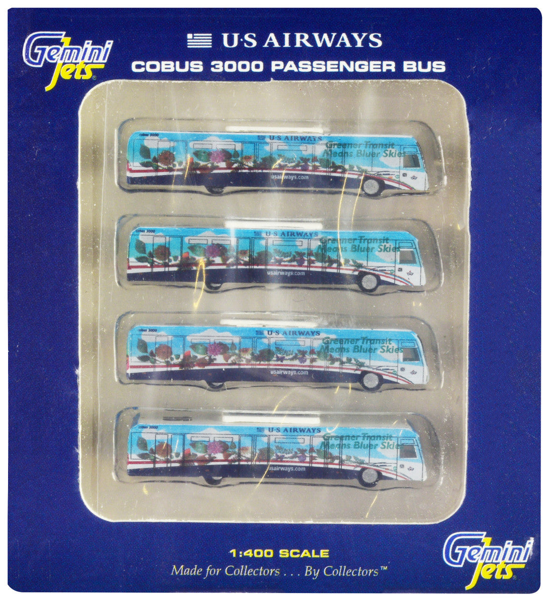 Cobus 3000 Passenger Bus White and Blue with Graphics "US Airways Shuttle Bus - Greener Transit" 4 Piece Set 1/400 Diecast Models by GeminiJets by GeminiJets