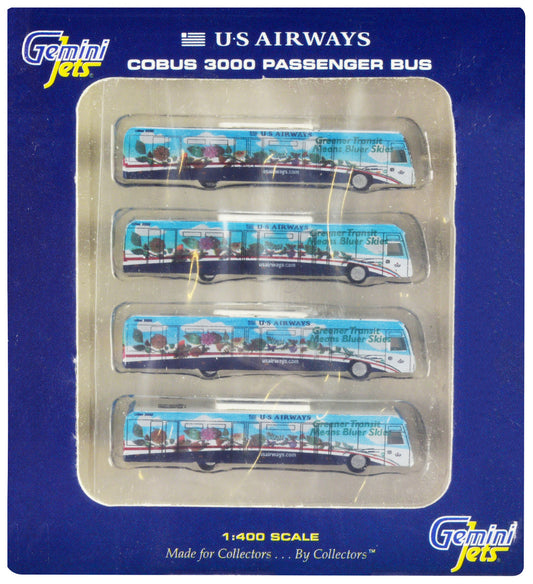 Cobus 3000 Passenger Bus White and Blue with Graphics "US Airways Shuttle Bus - Greener Transit" 4 Piece Set 1/400 Diecast Models by GeminiJets by GeminiJets