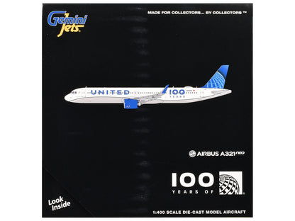 Airbus A321neo Commercial Aircraft "United Airlines 100 Years" (N44550) White with Blue Tail 1/400 Diecast Model Airplane by GeminiJets by GeminiJets