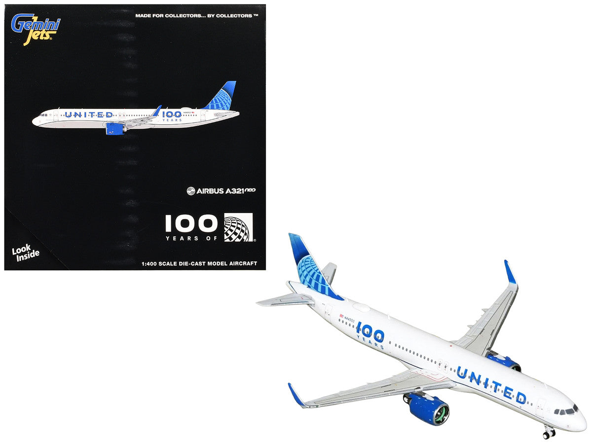 Airbus A321neo Commercial Aircraft "United Airlines 100 Years" (N44550) White with Blue Tail 1/400 Diecast Model Airplane by GeminiJets by GeminiJets