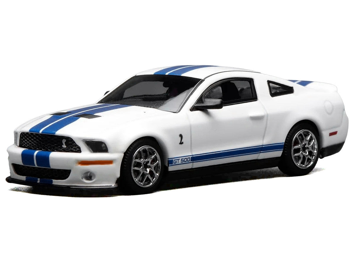 2007 Ford Mustang Shelby GT500 Performance White with Blue Stripes 1/64 Diecast Model Car by MotorHelix & Greenlight by Motorhelix