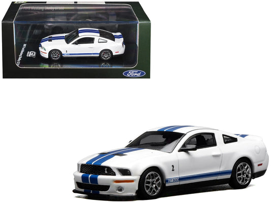 2007 Ford Mustang Shelby GT500 Performance White with Blue Stripes 1/64 Diecast Model Car by MotorHelix & Greenlight by Motorhelix